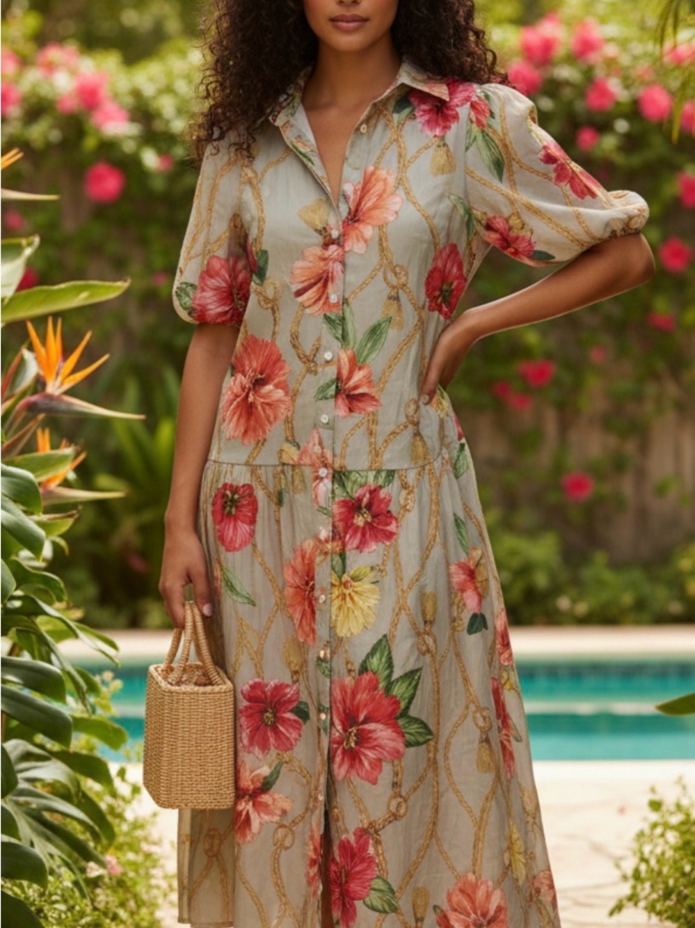 Endless Moon Tropical Button-Front Maxi Dress